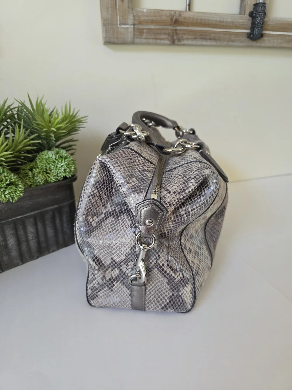 Coach Campbell  Embossed Leather Large Satchel Wallet Set Neutral Snakeskin